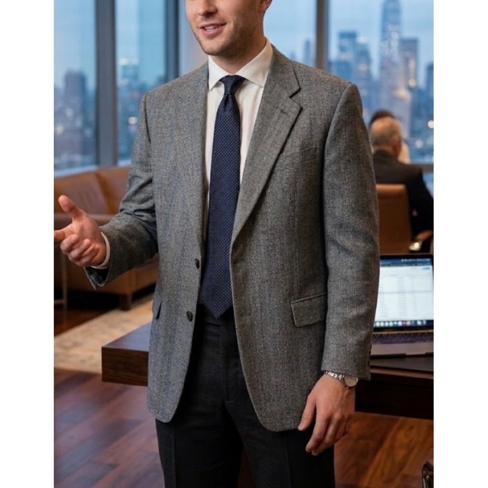 Lauren Ralph Lauren Mens 44R Blazer Grey Glen Plaid Wool‎ Cashmere Sport Coat